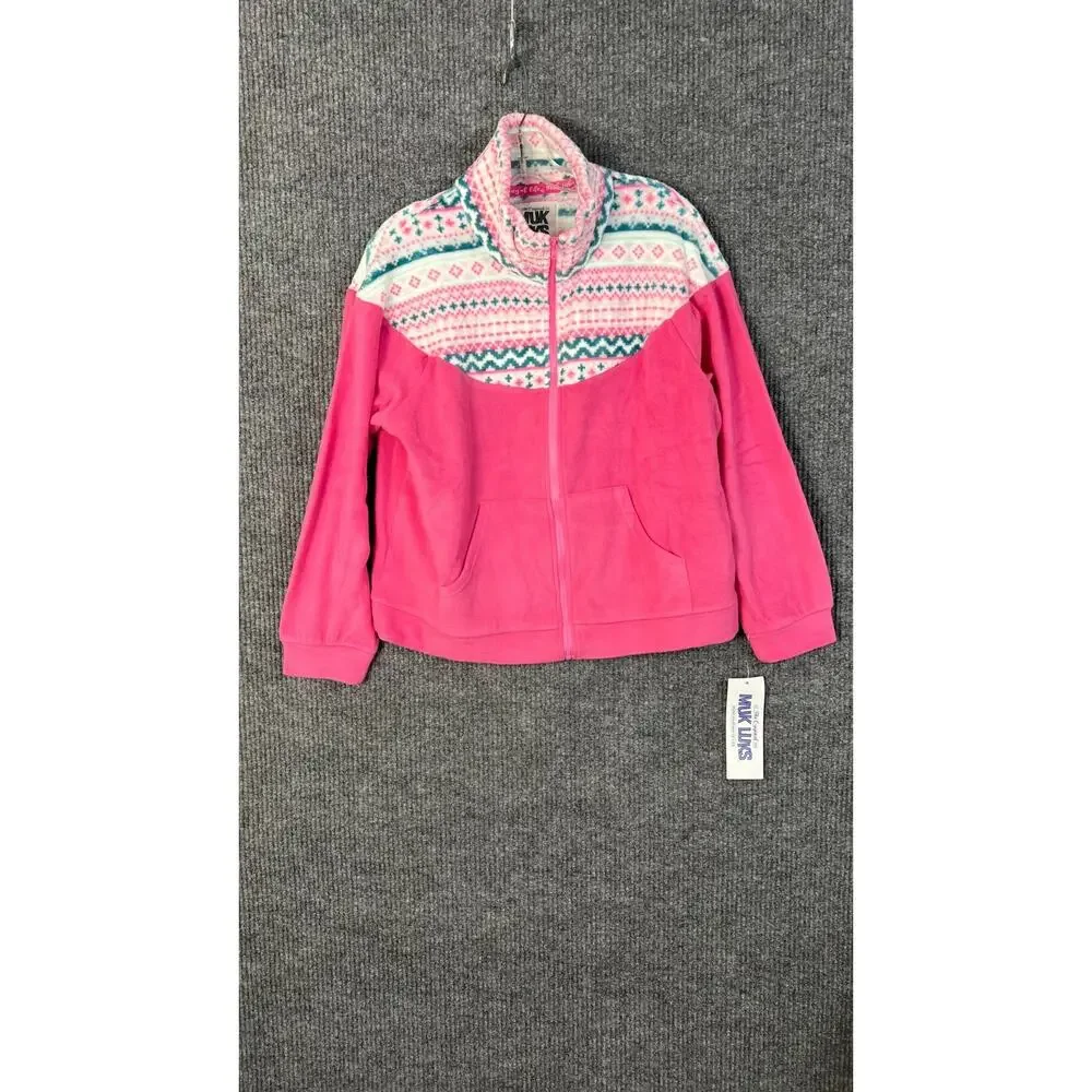 Muk Luks Lounge Set Womens Medium Fleece Pink Blue Jacket Pants Cozy 2 Piece